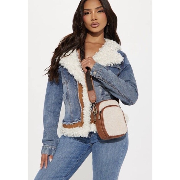 Fashion Nova Open Trail Sherpa Faux Leather Crossbody Bag Brown NEW - Picture 1 of 4